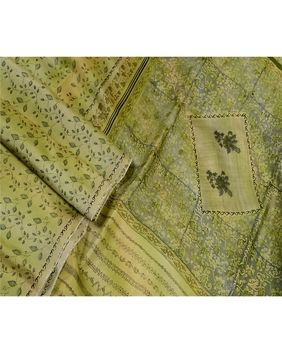 Sanskriti Vintage Olive Green Sarees Indian Pure Silk Printed Sari Craft Fabric, PR-58625-Olive-Printed Floral Design-Pure Silk-2