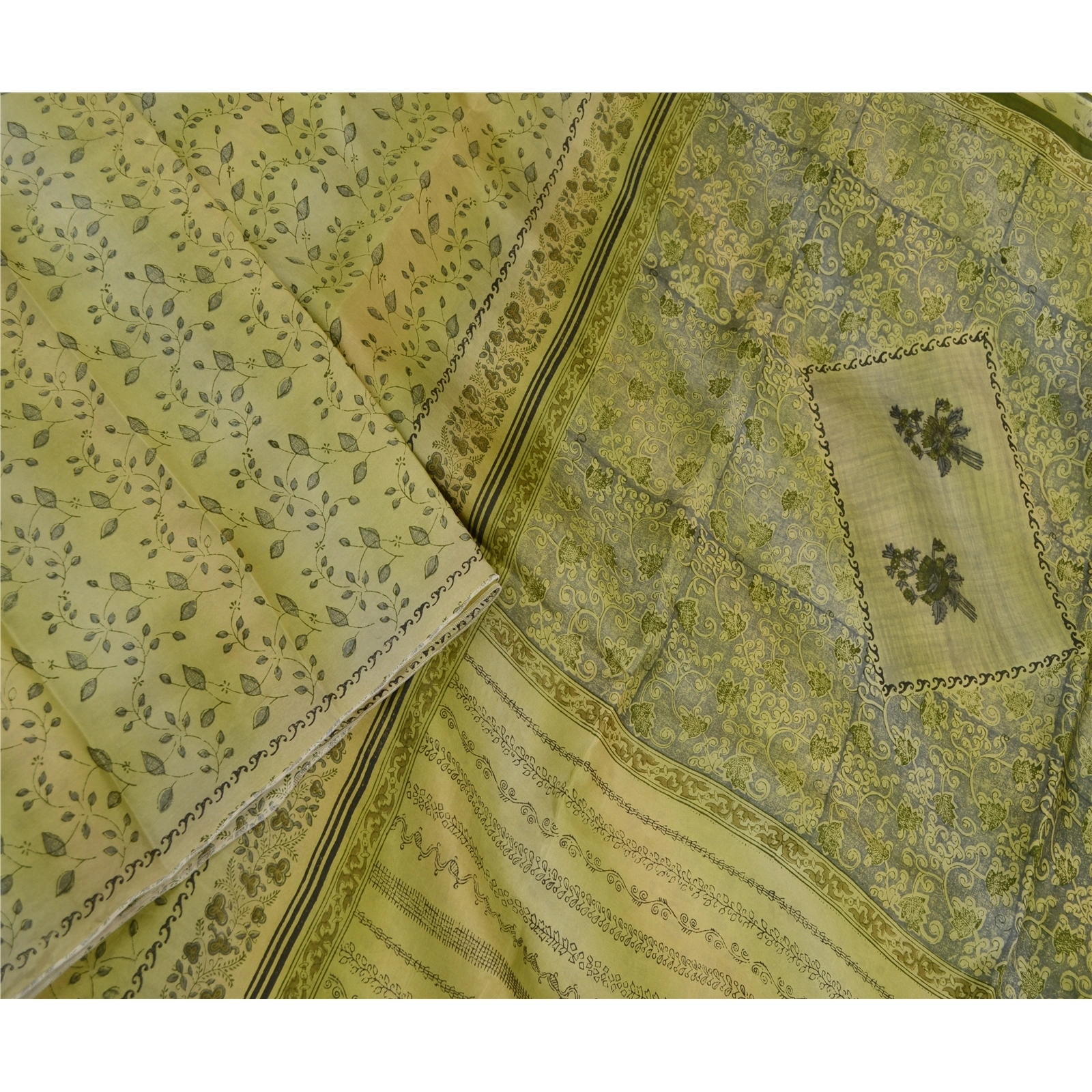 Sanskriti Vintage Olive Green Sarees Indian Pure Silk Printed Sari Craft Fabric, PR-58625-Olive-Printed Floral Design-Pure Silk-3