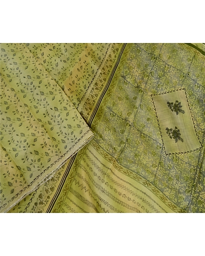 Sanskriti Vintage Olive Green Sarees Indian Pure Silk Printed Sari Craft Fabric, PR-58625-Olive-Printed Floral Design-Pure Silk-3