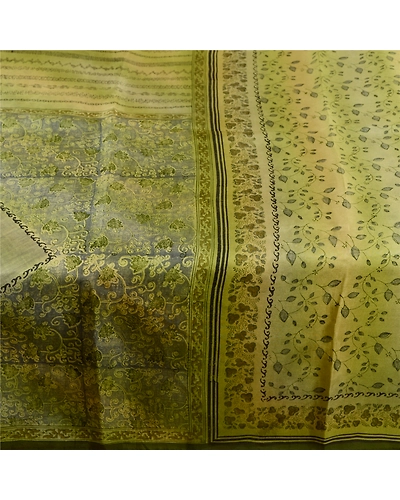 Sanskriti Vintage Olive Green Sarees Indian Pure Silk Printed Sari Craft Fabric, PR-58625-Olive-Printed Floral Design-Pure Silk-4