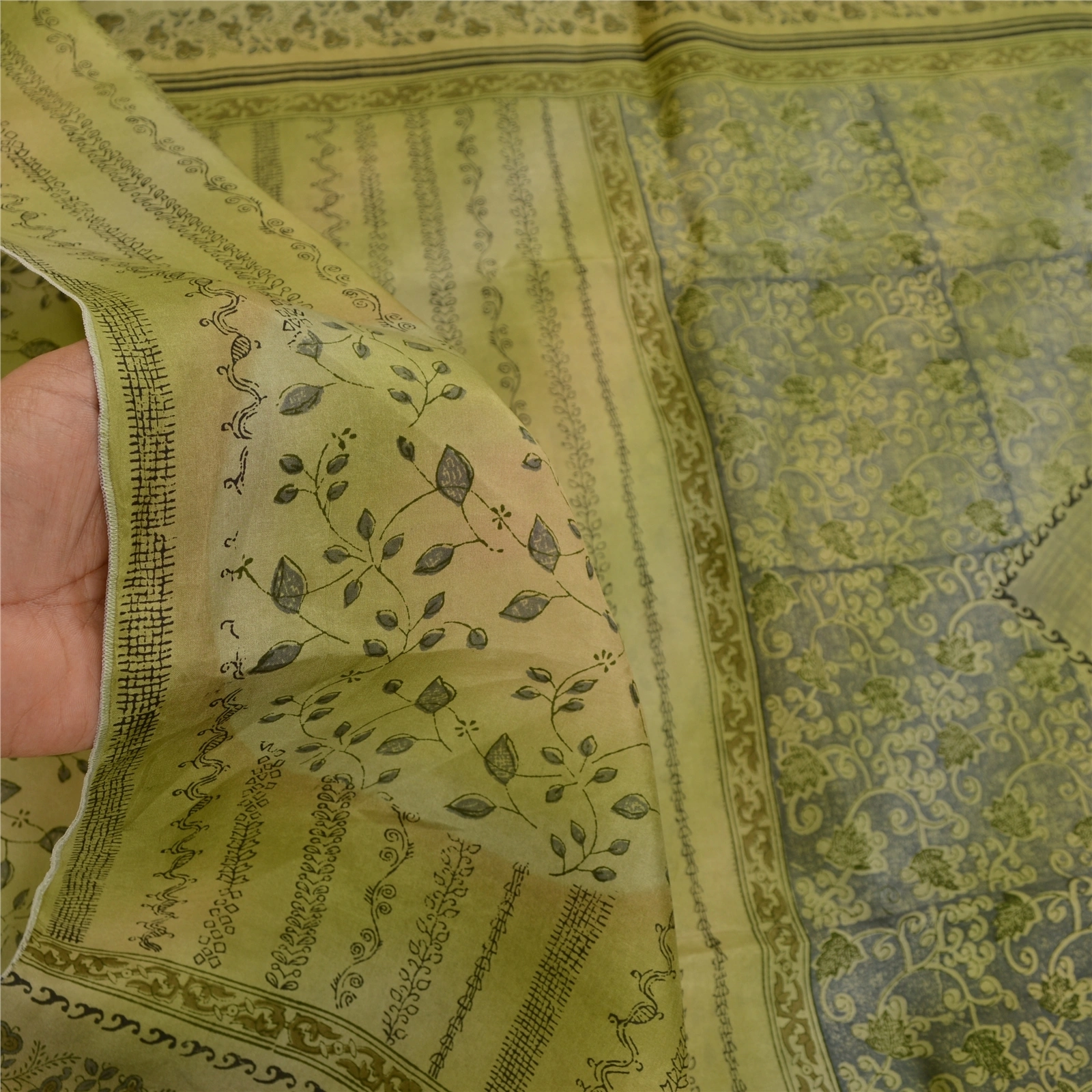 Sanskriti Vintage Olive Green Sarees Indian Pure Silk Printed Sari Craft Fabric, PR-58625-Olive-Printed Floral Design-Pure Silk-6