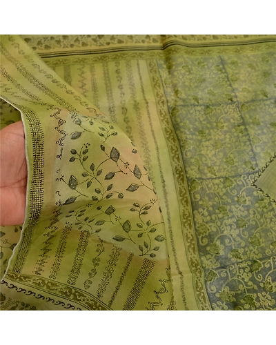 Sanskriti Vintage Olive Green Sarees Indian Pure Silk Printed Sari Craft Fabric, PR-58625-Olive-Printed Floral Design-Pure Silk-6