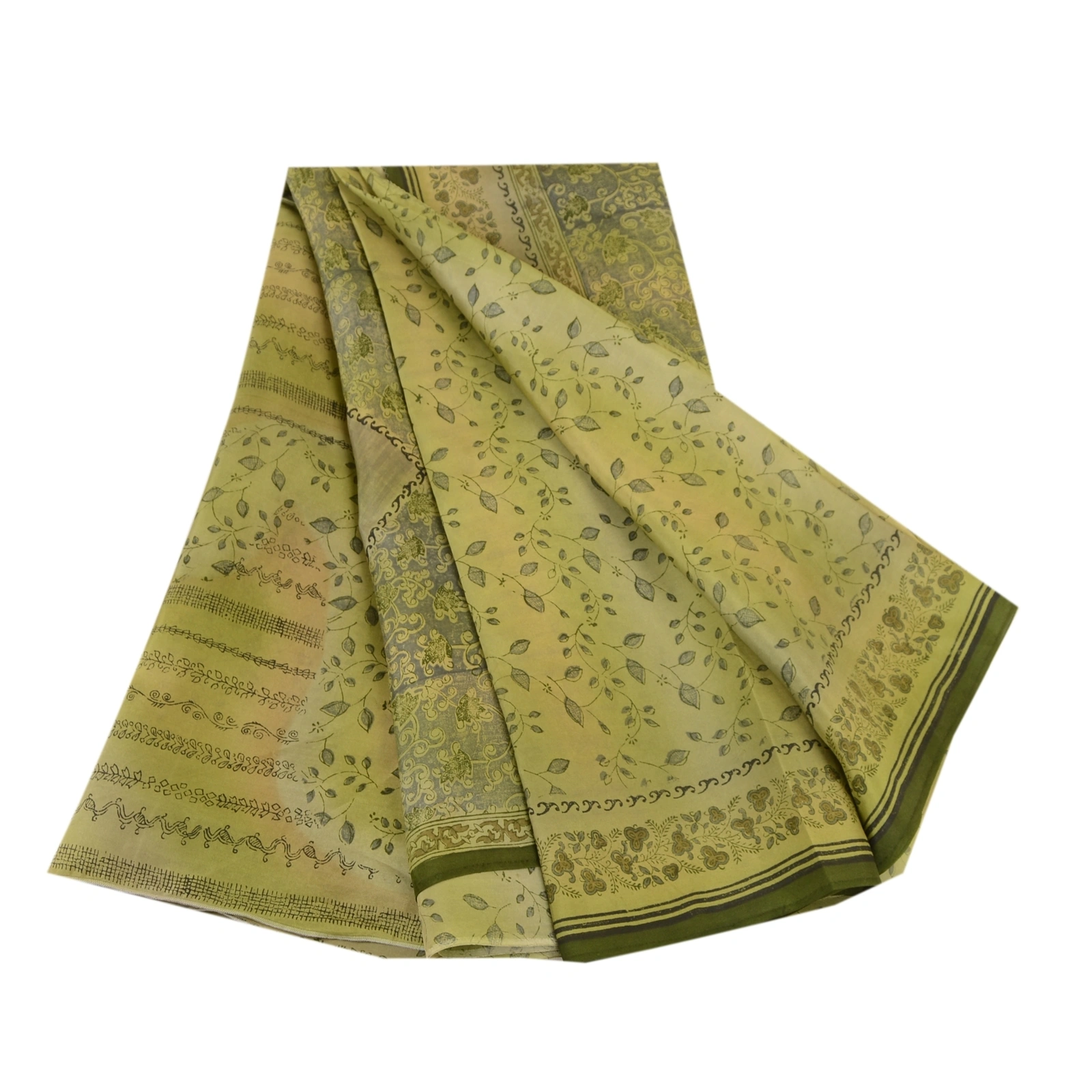 Sanskriti Vintage Olive Green Sarees Indian Pure Silk Printed Sari Craft Fabric, PR-58625-Olive-Printed Floral Design-Pure Silk-7