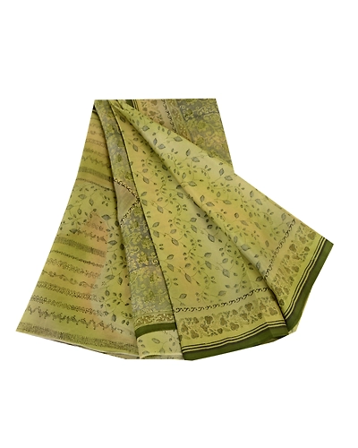 Sanskriti Vintage Olive Green Sarees Indian Pure Silk Printed Sari Craft Fabric, PR-58625-Olive-Printed Floral Design-Pure Silk-7