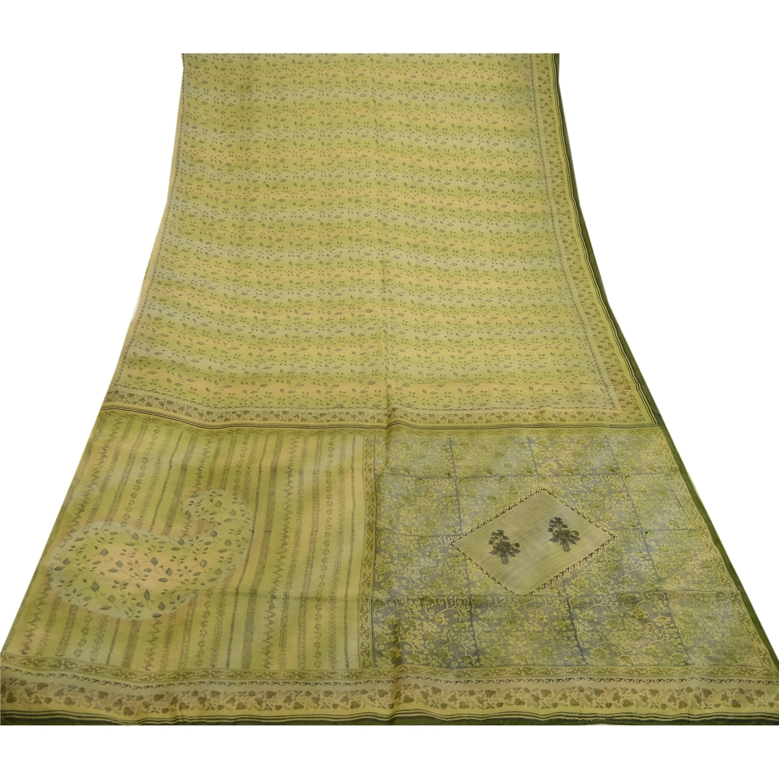 Sanskriti Vintage Olive Green Sarees Indian Pure Silk Printed Sari Craft Fabric, PR-58625-Olive-Printed Floral Design-Pure Silk-8