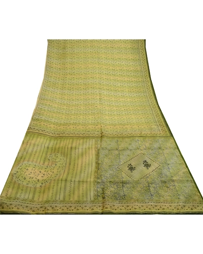 Sanskriti Vintage Olive Green Sarees Indian Pure Silk Printed Sari Craft Fabric, PR-58625-Olive-Printed Floral Design-Pure Silk-8