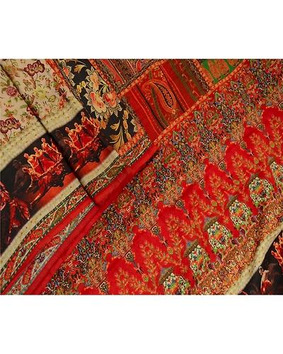 Sanskriti Vintage Red Indian Women Printed Sarees Art Silk Sari 5Yd Craft Fabric, PR-58651-Red-Printed Floral Design-Pure Silk-1