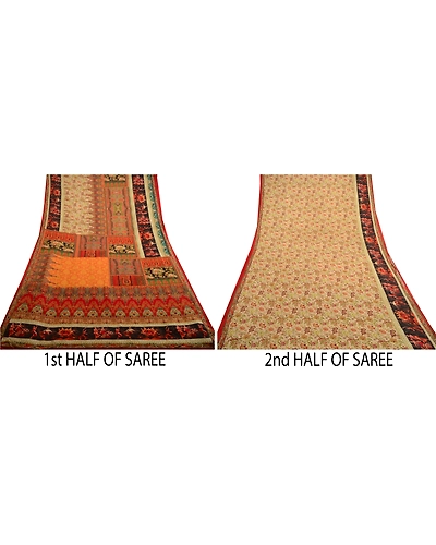 Sanskriti Vintage Red Indian Women Printed Sarees Art Silk Sari 5Yd Craft Fabric, PR-58651-Red-Printed Floral Design-Pure Silk-4