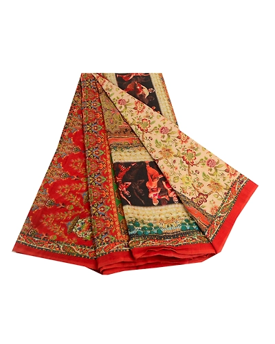 Sanskriti Vintage Red Indian Women Printed Sarees Art Silk Sari 5Yd Craft Fabric, PR-58651-Red-Printed Floral Design-Pure Silk-7