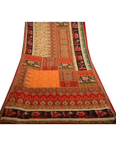 Sanskriti Vintage Red Indian Women Printed Sarees Art Silk Sari 5Yd Craft Fabric, PR-58651-Red-Printed Floral Design-Pure Silk-8