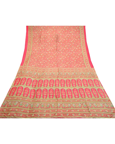 Sanskriti Vintage Pink Printed Sarees 100% Pure Silk Sari Floral Craft Fabric, PR-58666-Pink-Printed Floral Design-Pure Silk-8