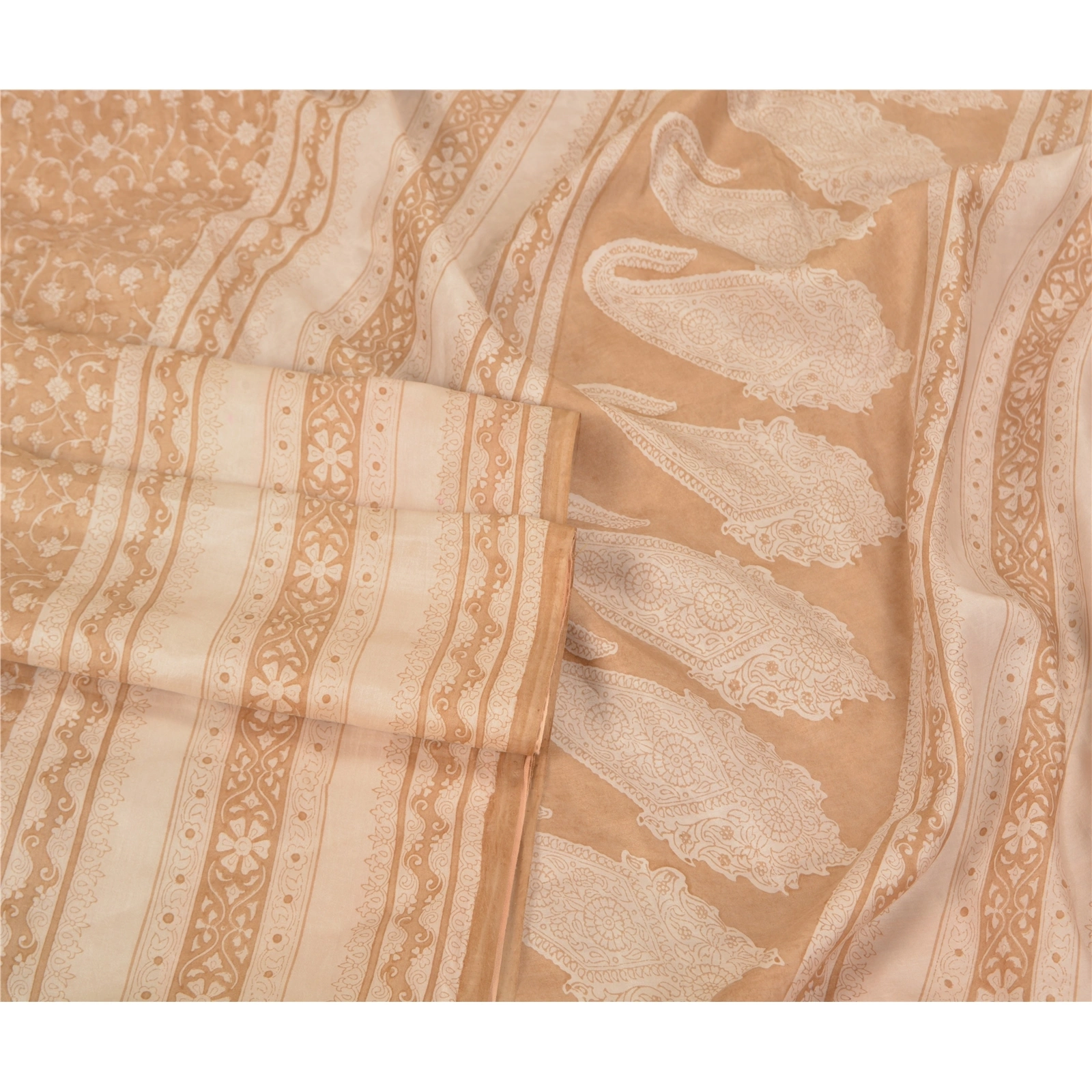 Sanskriti Vintage Ivory Printed Sarees Pure Silk Sari Floral Soft Craft Fabric, PR-58681-Ivory-Printed Floral Design-Pure Silk-1