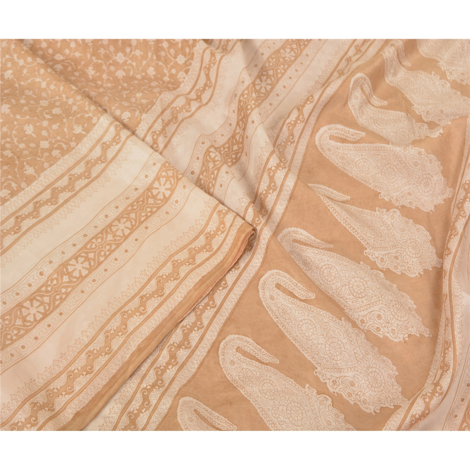 Sanskriti Vintage Ivory Printed Sarees Pure Silk Sari Floral Soft Craft Fabric, PR-58681-Ivory-Printed Floral Design-Pure Silk-2