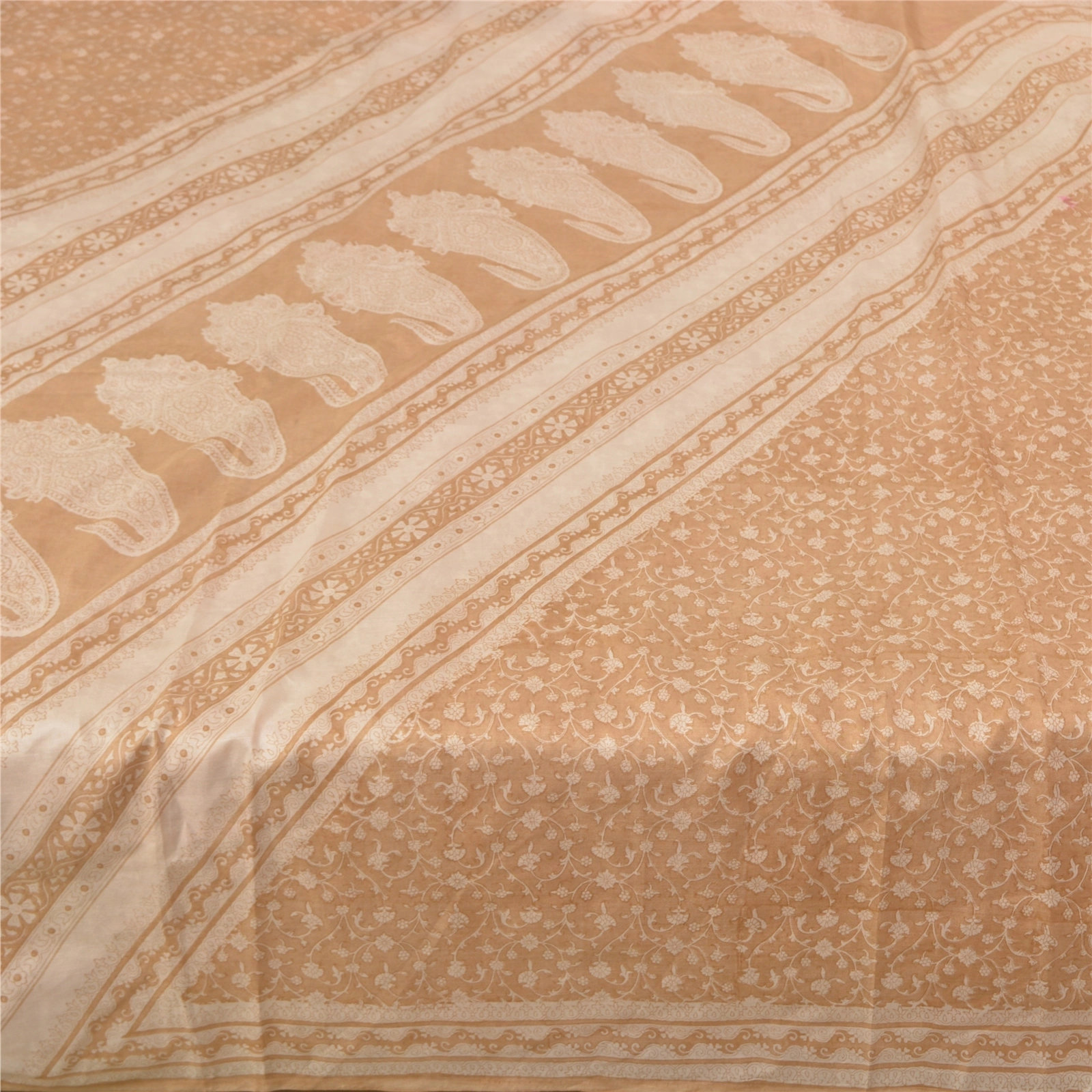 Sanskriti Vintage Ivory Printed Sarees Pure Silk Sari Floral Soft Craft Fabric, PR-58681-Ivory-Printed Floral Design-Pure Silk-3