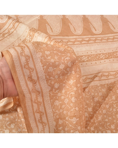 Sanskriti Vintage Ivory Printed Sarees Pure Silk Sari Floral Soft Craft Fabric, PR-58681-Ivory-Printed Floral Design-Pure Silk-5