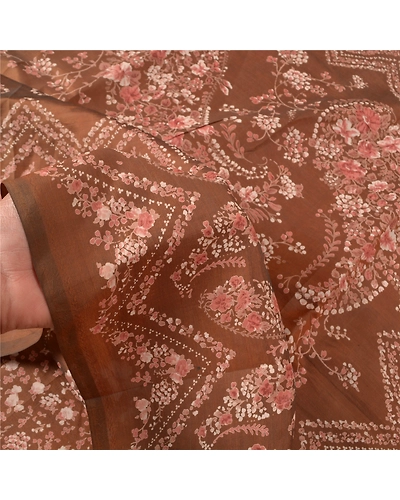 Sanskriti Vintage Brown Printed Sarees Pure Silk Sari Floral Soft Craft Fabric, PR-58686-Brown-Printed Floral Design-Pure Silk-5