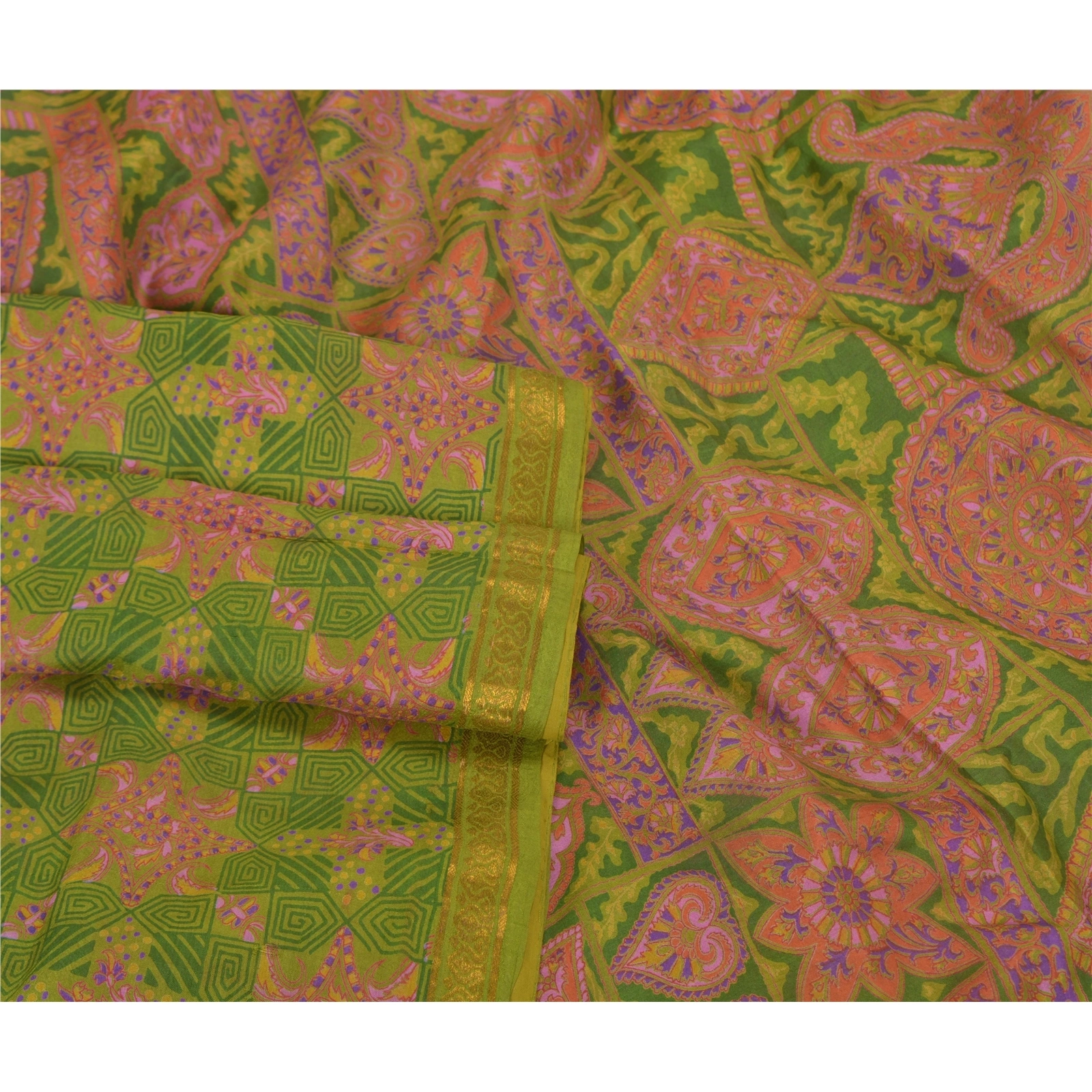 Sanskriti Vintage Green Printed Sarees Pure Silk Sari Floral Soft Craft Fabric, PR-58724-Green-Printed Floral Design-Pure Silk-1