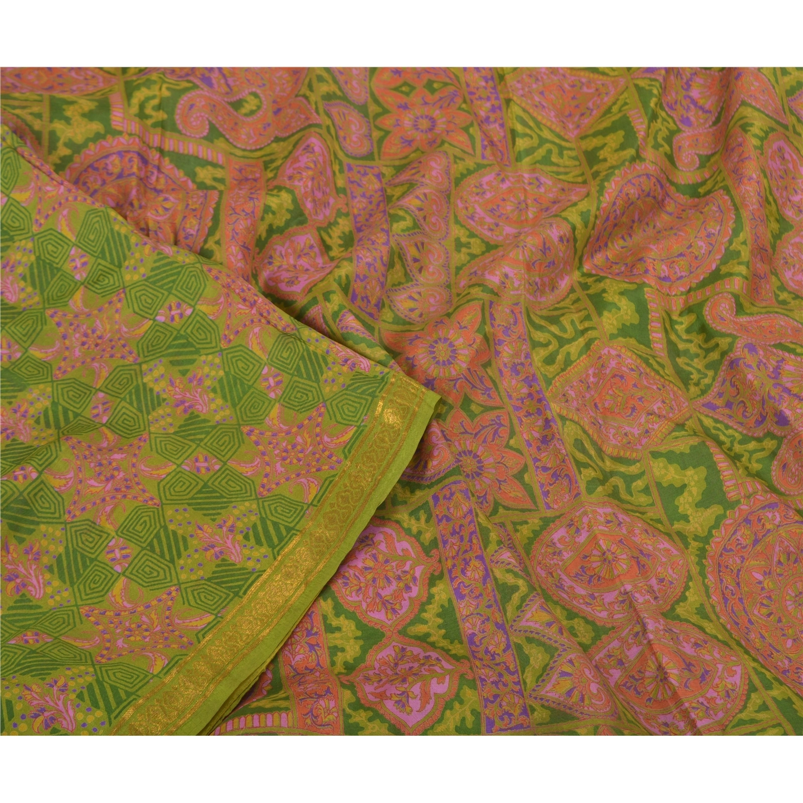 Sanskriti Vintage Green Printed Sarees Pure Silk Sari Floral Soft Craft Fabric, PR-58724-Green-Printed Floral Design-Pure Silk-2