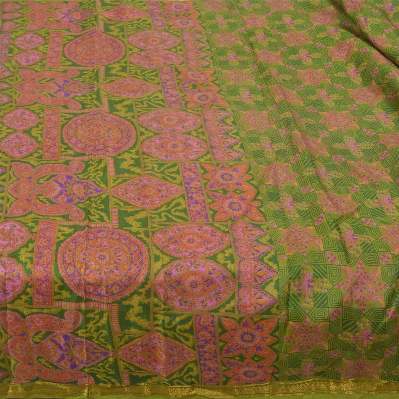 Sanskriti Vintage Green Printed Sarees Pure Silk Sari Floral Soft Craft Fabric, PR-58724-Green-Printed Floral Design-Pure Silk-3