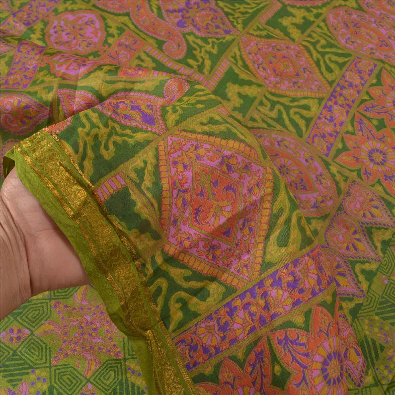 Sanskriti Vintage Green Printed Sarees Pure Silk Sari Floral Soft Craft Fabric, PR-58724-Green-Printed Floral Design-Pure Silk-5