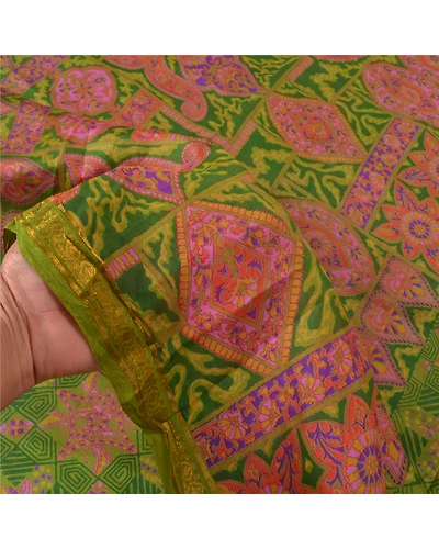 Sanskriti Vintage Green Printed Sarees Pure Silk Sari Floral Soft Craft Fabric, PR-58724-Green-Printed Floral Design-Pure Silk-5