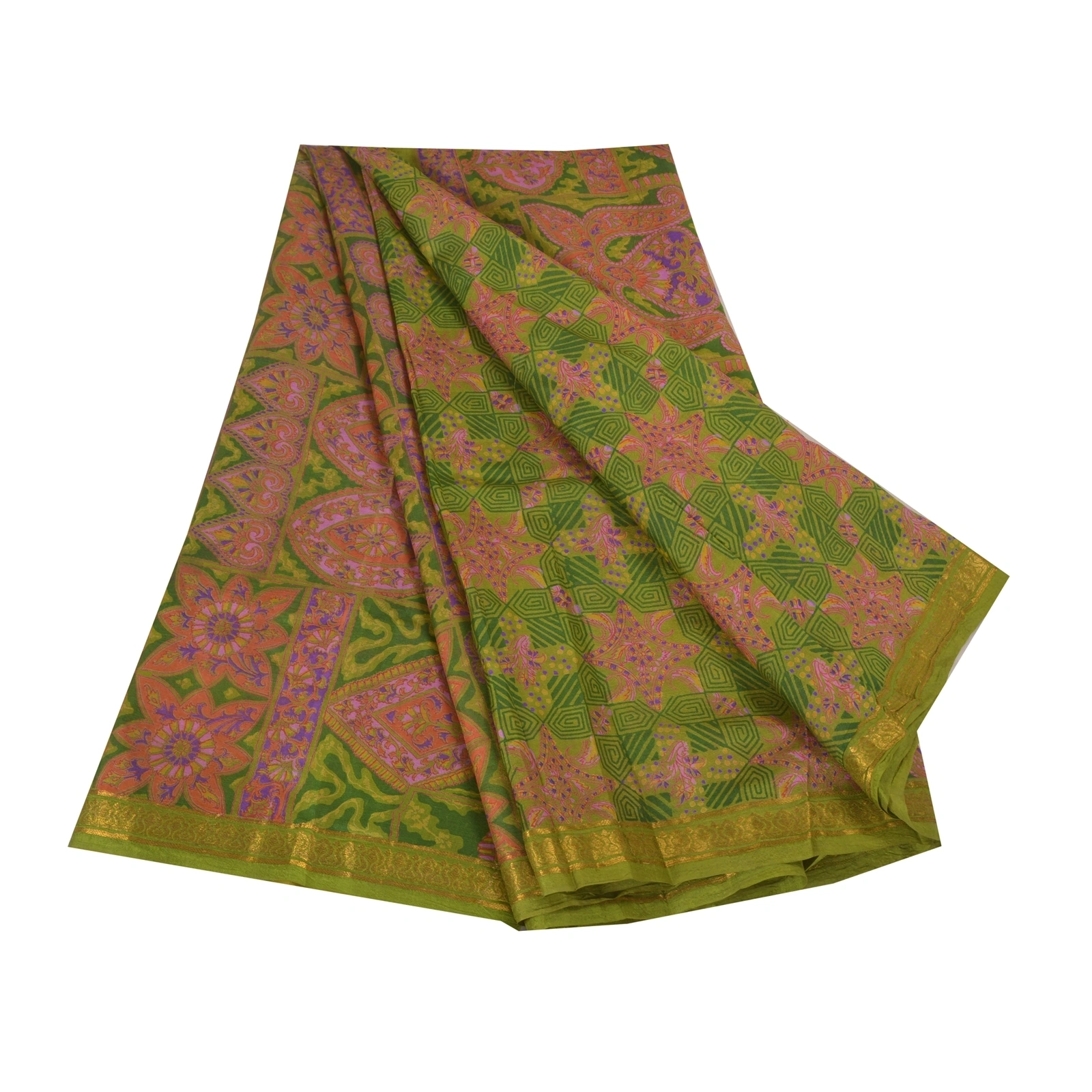 Sanskriti Vintage Green Printed Sarees Pure Silk Sari Floral Soft Craft Fabric, PR-58724-Green-Printed Floral Design-Pure Silk-6