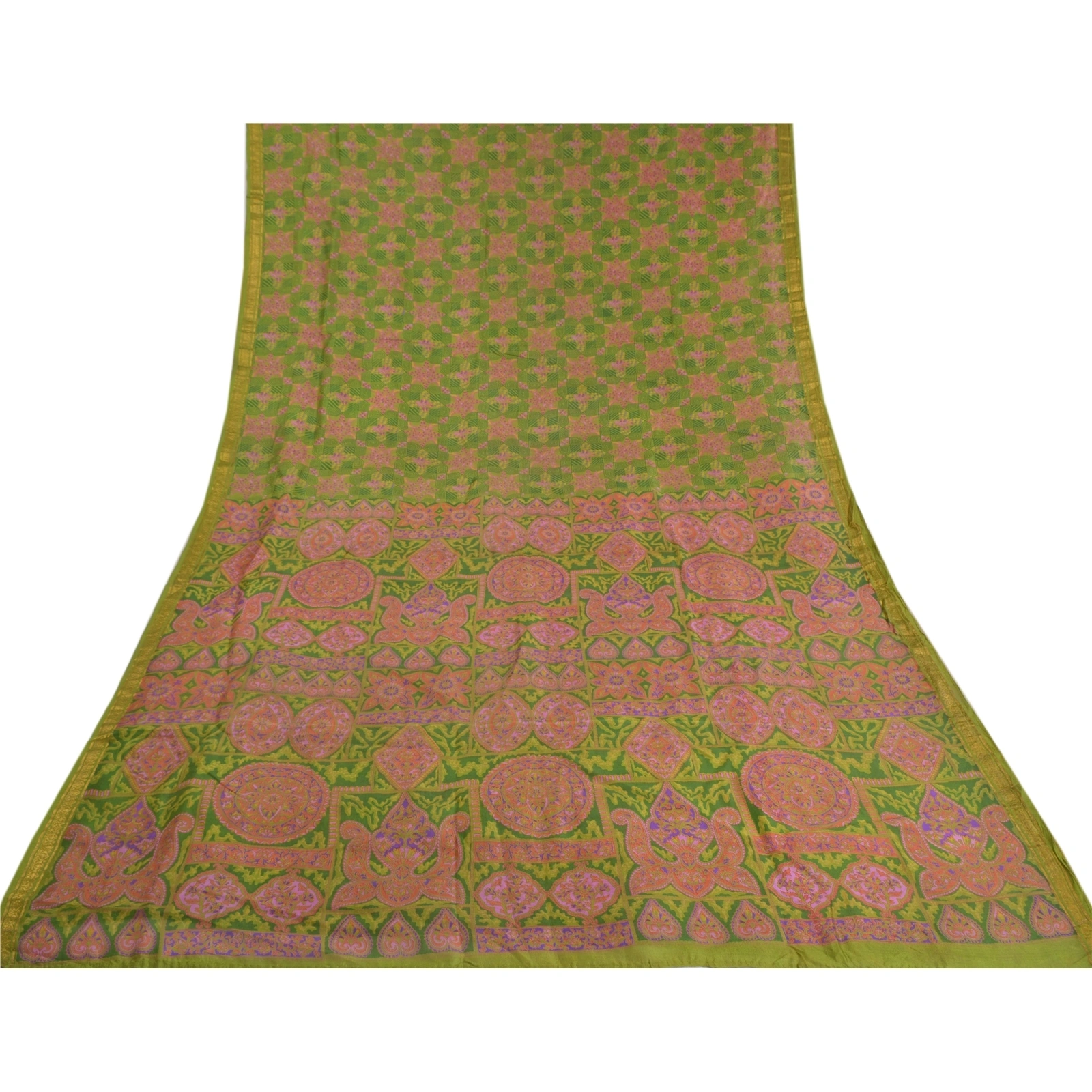 Sanskriti Vintage Green Printed Sarees Pure Silk Sari Floral Soft Craft Fabric, PR-58724-Green-Printed Floral Design-Pure Silk-7