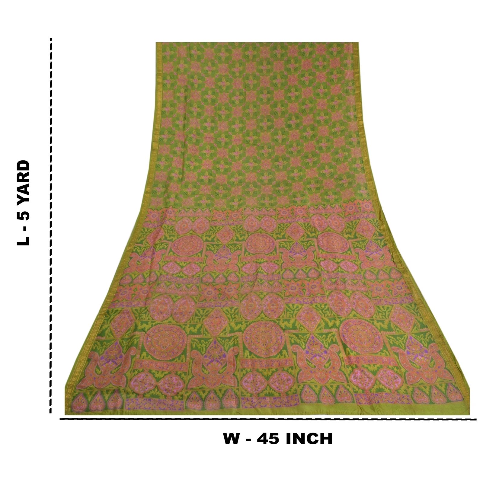 Sanskriti Vintage Green Printed Sarees Pure Silk Sari Floral Soft Craft Fabric, PR-58724-Green-Printed Floral Design-Pure Silk-8