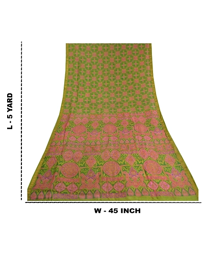Sanskriti Vintage Green Printed Sarees Pure Silk Sari Floral Soft Craft Fabric, PR-58724-Green-Printed Floral Design-Pure Silk-8