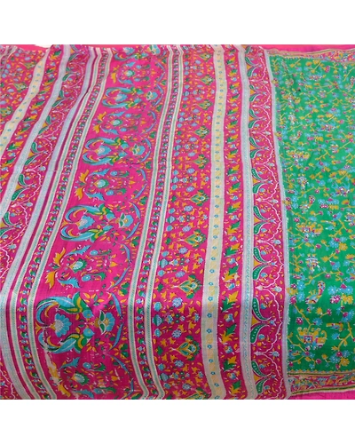 Sanskriti Vintage Green Indian Sarees Pure Silk Sari Printed Floral Craft Fabric, PR-58771-Green-Printed Floral Design-Pure Silk-3
