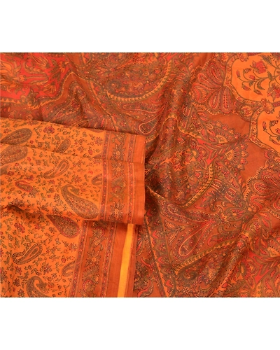 Sanskriti Vintage Orange Printed Sarees Pure Silk Sari Printed 5Yd Craft Fabric, PR-58776-Orange-Printed Floral Design-Pure Silk-1