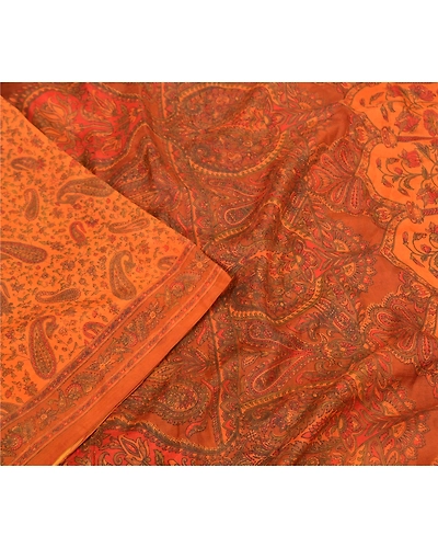 Sanskriti Vintage Orange Printed Sarees Pure Silk Sari Printed 5Yd Craft Fabric, PR-58776-Orange-Printed Floral Design-Pure Silk-2