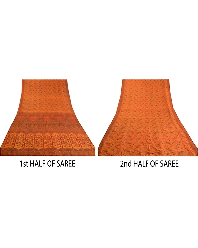 Sanskriti Vintage Orange Printed Sarees Pure Silk Sari Printed 5Yd Craft Fabric, PR-58776-Orange-Printed Floral Design-Pure Silk-4