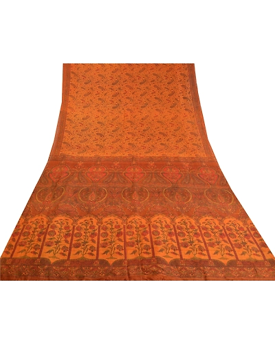 Sanskriti Vintage Orange Printed Sarees Pure Silk Sari Printed 5Yd Craft Fabric, PR-58776-Orange-Printed Floral Design-Pure Silk-7