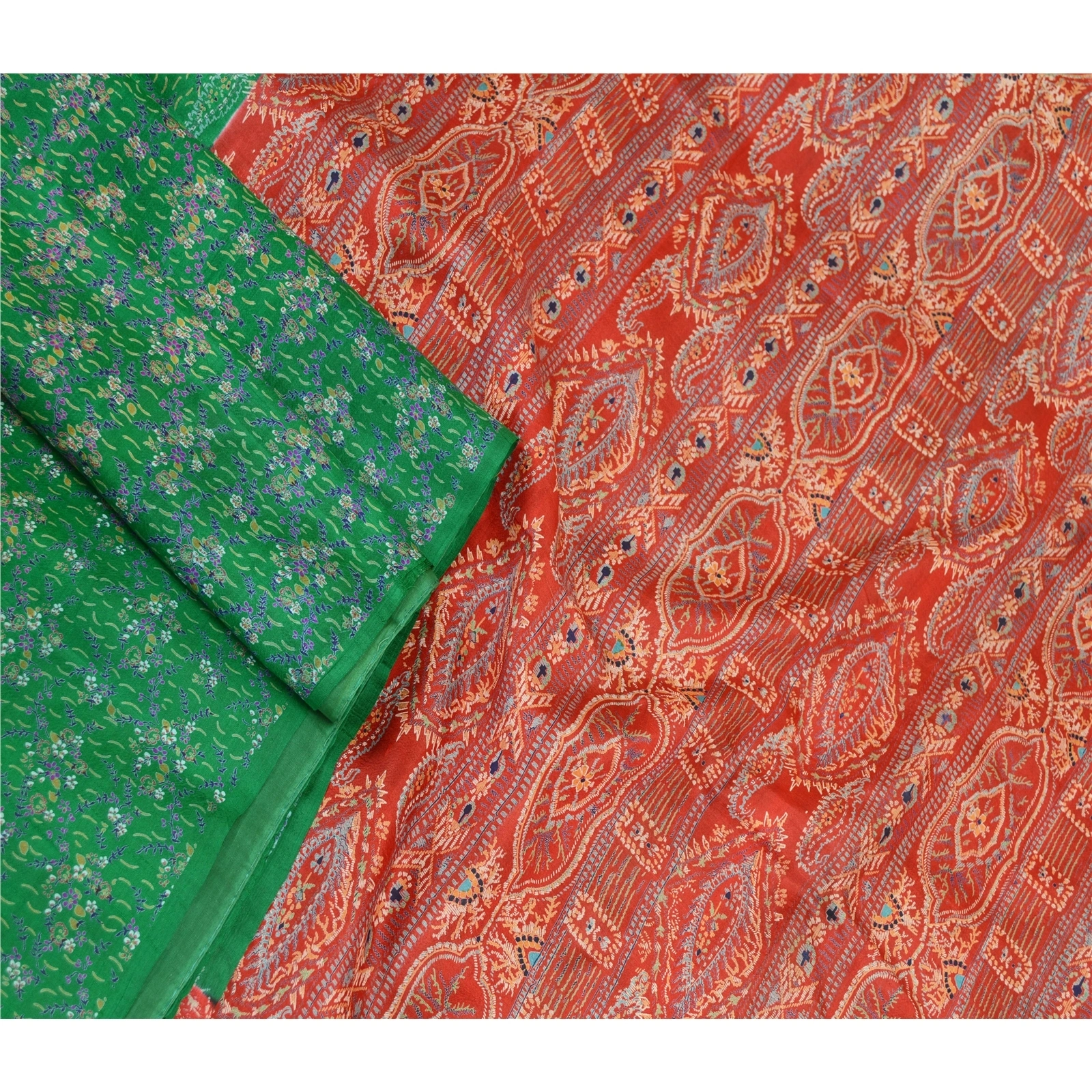 Sanskriti Vintage Green Indian Sarees 100% Pure Silk Printed Sari Craft Fabric, PR-58803-Green &amp; Red-100% Pure Silk-1