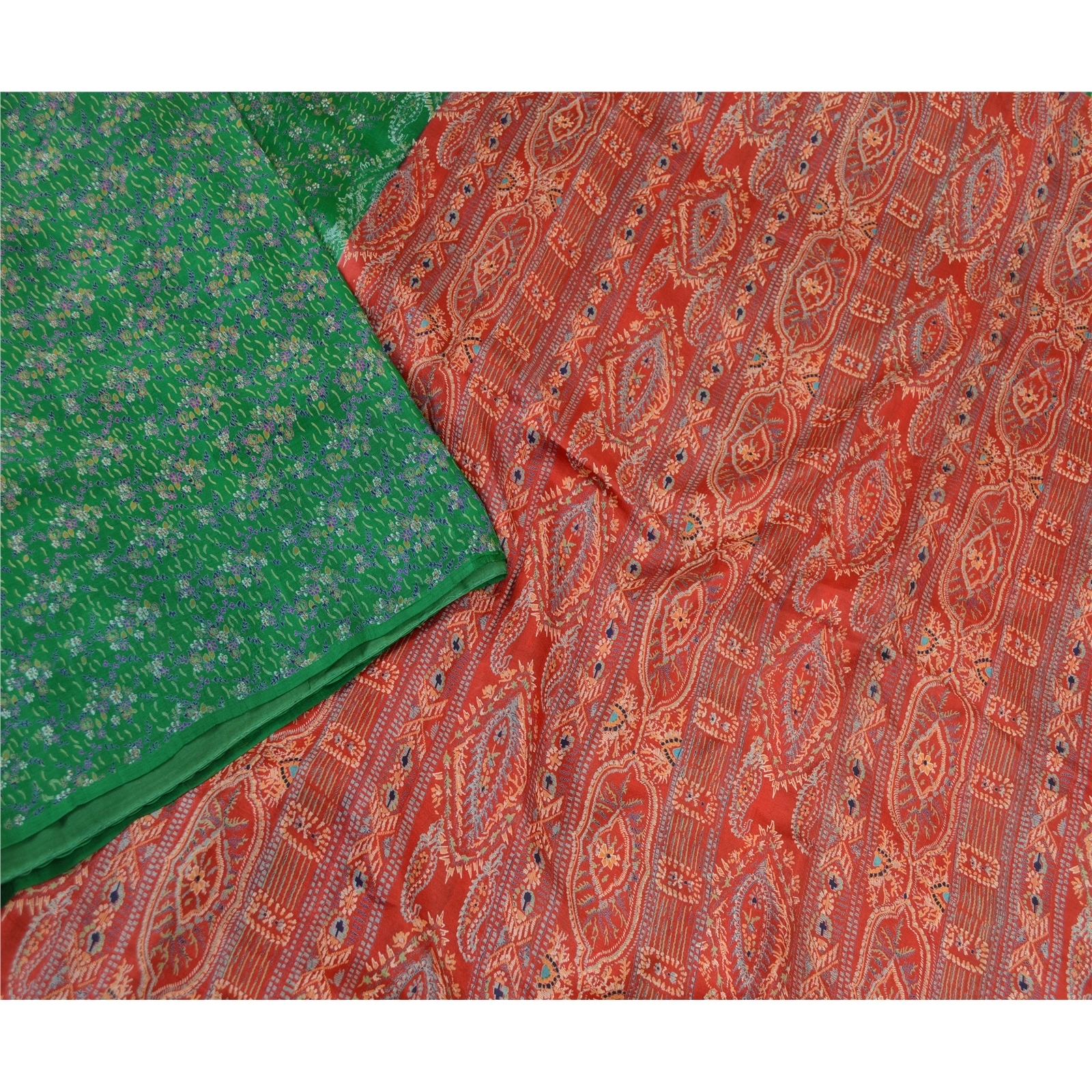 Sanskriti Vintage Green Indian Sarees 100% Pure Silk Printed Sari Craft Fabric, PR-58803-Green &amp; Red-100% Pure Silk-2