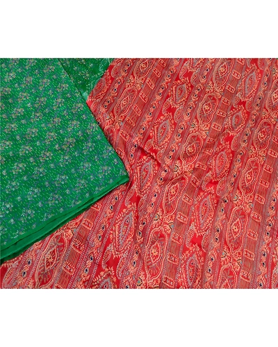 Sanskriti Vintage Green Indian Sarees 100% Pure Silk Printed Sari Craft Fabric, PR-58803-Green &amp; Red-100% Pure Silk-2