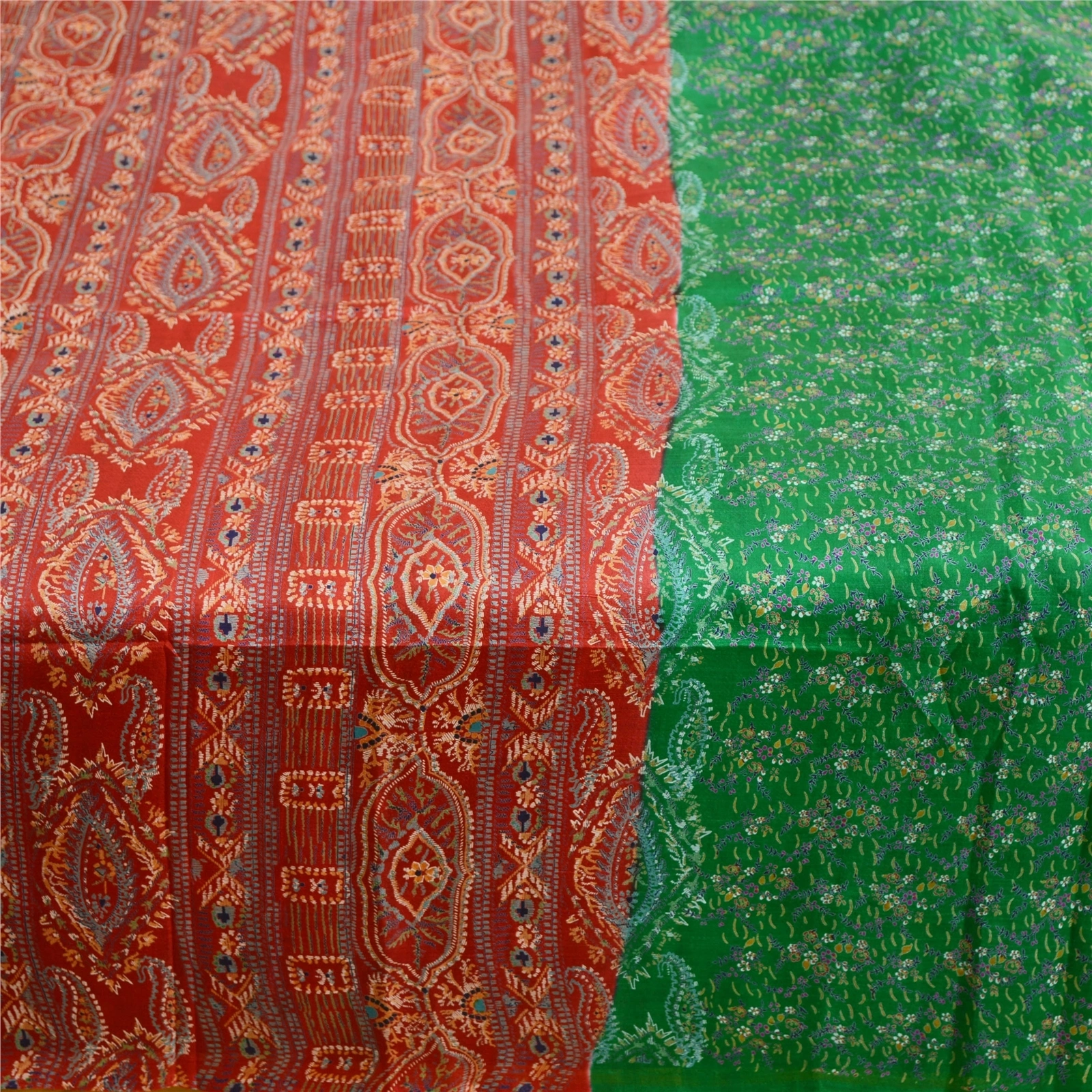 Sanskriti Vintage Green Indian Sarees 100% Pure Silk Printed Sari Craft Fabric, PR-58803-Green &amp; Red-100% Pure Silk-3