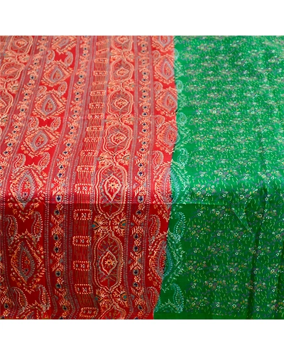 Sanskriti Vintage Green Indian Sarees 100% Pure Silk Printed Sari Craft Fabric, PR-58803-Green &amp; Red-100% Pure Silk-3