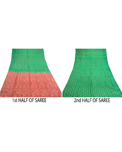 Sanskriti Vintage Green Indian Sarees 100% Pure Silk Printed Sari Craft Fabric, PR-58803-Green &amp; Red-100% Pure Silk-4