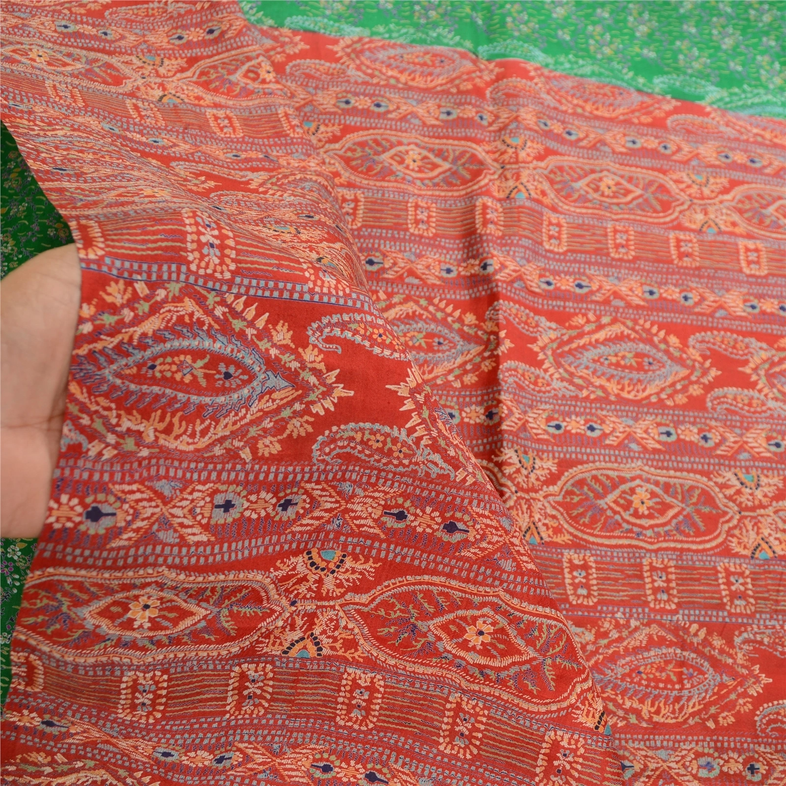 Sanskriti Vintage Green Indian Sarees 100% Pure Silk Printed Sari Craft Fabric, PR-58803-Green &amp; Red-100% Pure Silk-5