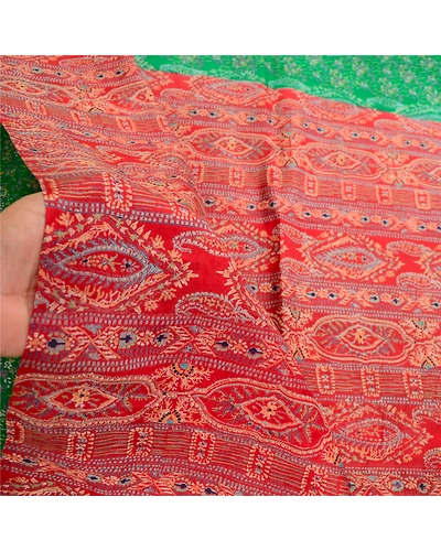 Sanskriti Vintage Green Indian Sarees 100% Pure Silk Printed Sari Craft Fabric, PR-58803-Green &amp; Red-100% Pure Silk-5