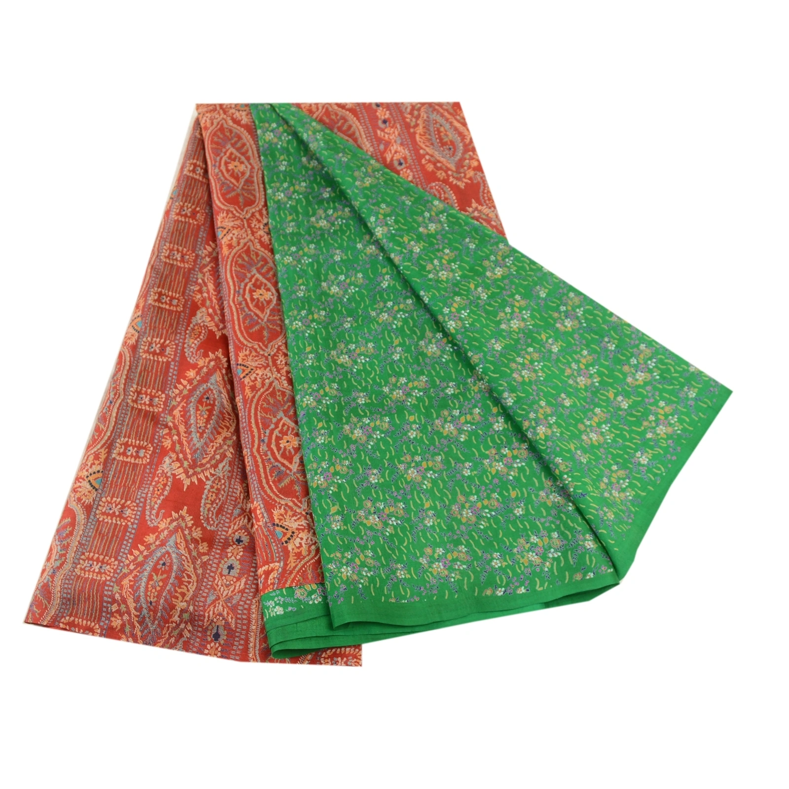 Sanskriti Vintage Green Indian Sarees 100% Pure Silk Printed Sari Craft Fabric, PR-58803-Green &amp; Red-100% Pure Silk-6