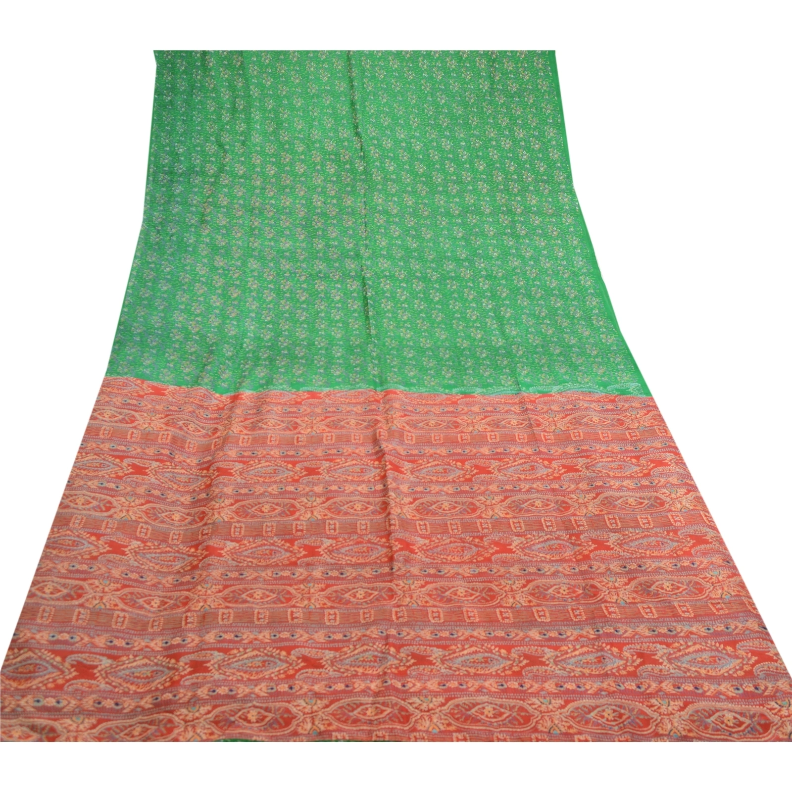 Sanskriti Vintage Green Indian Sarees 100% Pure Silk Printed Sari Craft Fabric, PR-58803-Green &amp; Red-100% Pure Silk-7