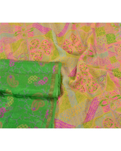 Sanskriti Vintage Green Printed Sarees Pure Silk Sari Floral 5Yd Craft Fabric, PR-58814-Green-Printed Floral Design-Pure Silk-1