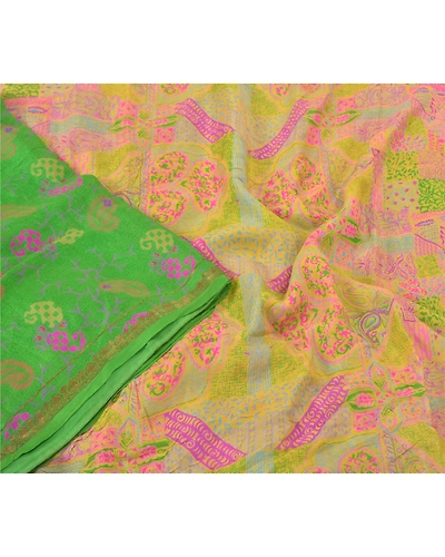Sanskriti Vintage Green Printed Sarees Pure Silk Sari Floral 5Yd Craft Fabric, PR-58814-Green-Printed Floral Design-Pure Silk-2