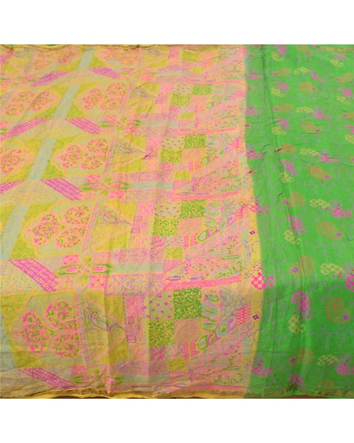 Sanskriti Vintage Green Printed Sarees Pure Silk Sari Floral 5Yd Craft Fabric, PR-58814-Green-Printed Floral Design-Pure Silk-3