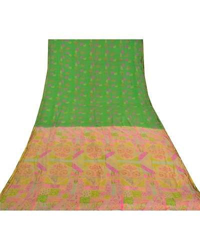 Sanskriti Vintage Green Printed Sarees Pure Silk Sari Floral 5Yd Craft Fabric, PR-58814-Green-Printed Floral Design-Pure Silk-7