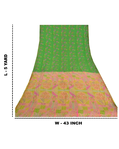 Sanskriti Vintage Green Printed Sarees Pure Silk Sari Floral 5Yd Craft Fabric, PR-58814-Green-Printed Floral Design-Pure Silk-8