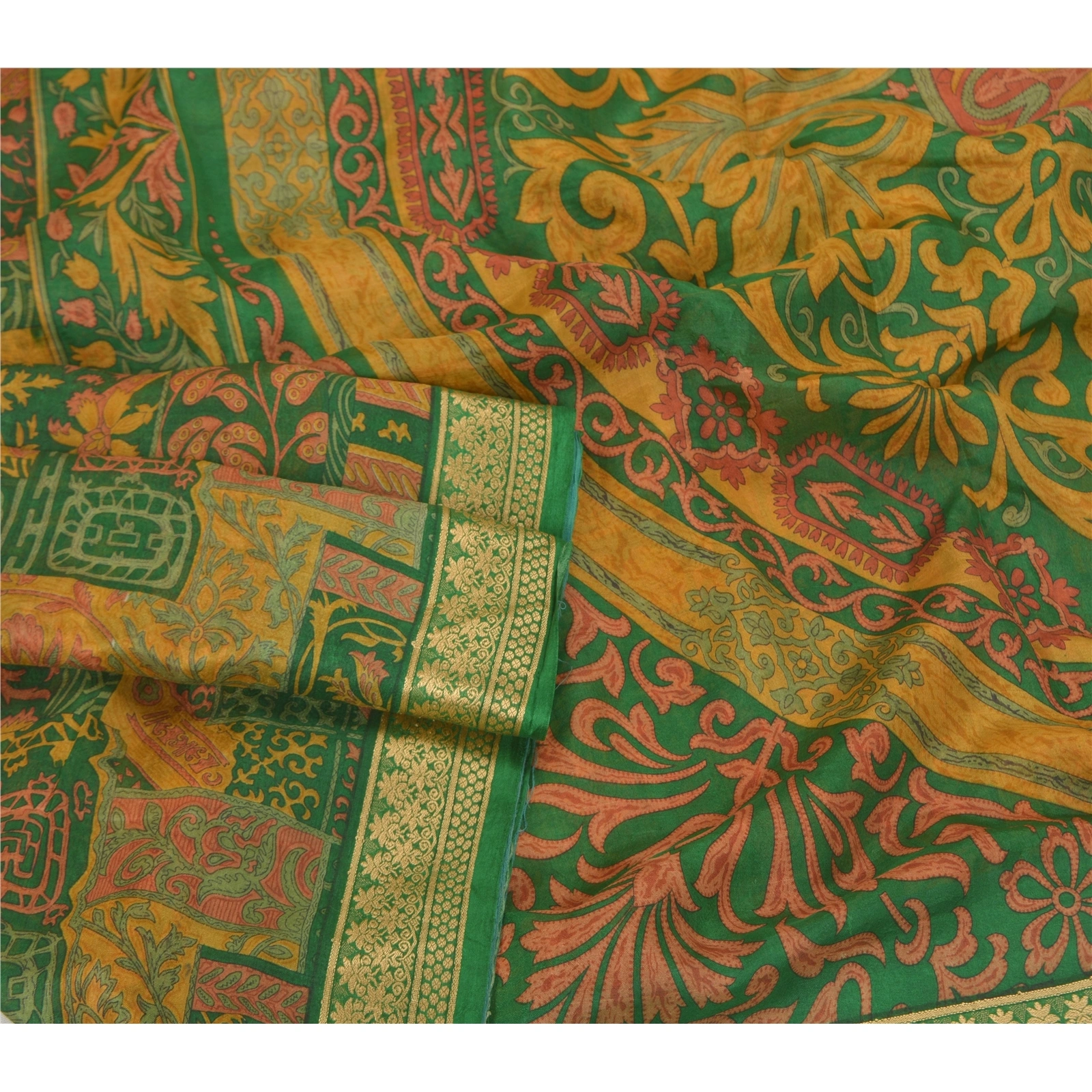 Sanskriti Vintage Green Printed Sarees Pure Silk Sari Floral 5Yd Craft Fabric, PR-58817-Green-Printed Floral Design-Pure Silk-1